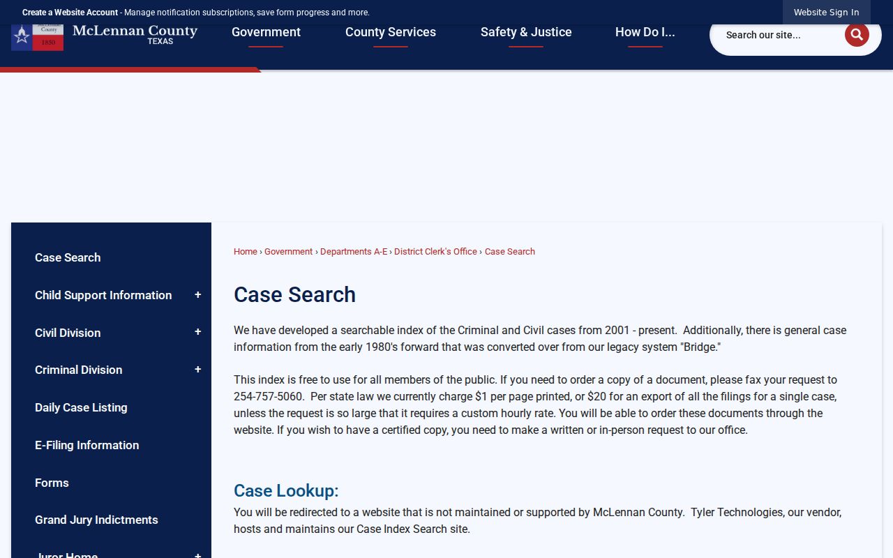 McLennan County warrant records guide, county case search information page