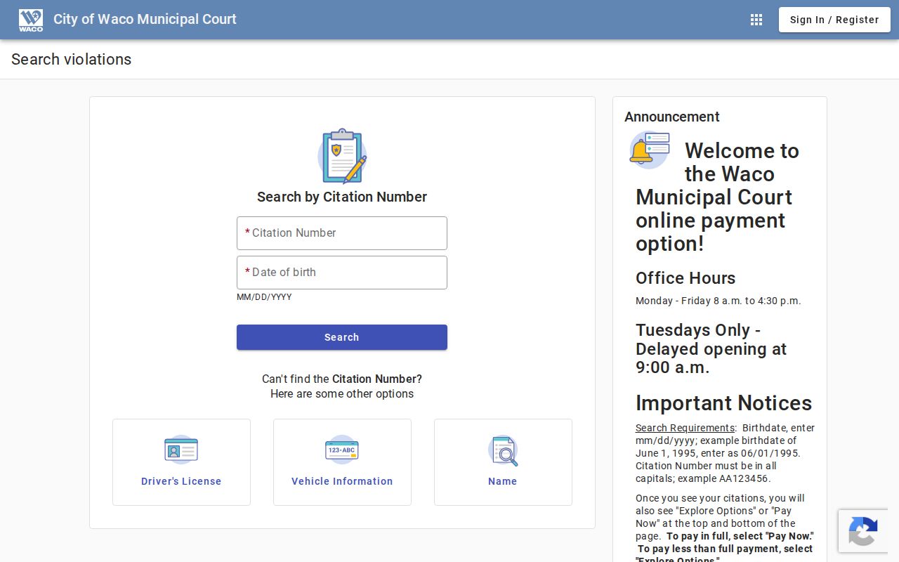 Waco warrant search page, empty Tyler citation-search fields