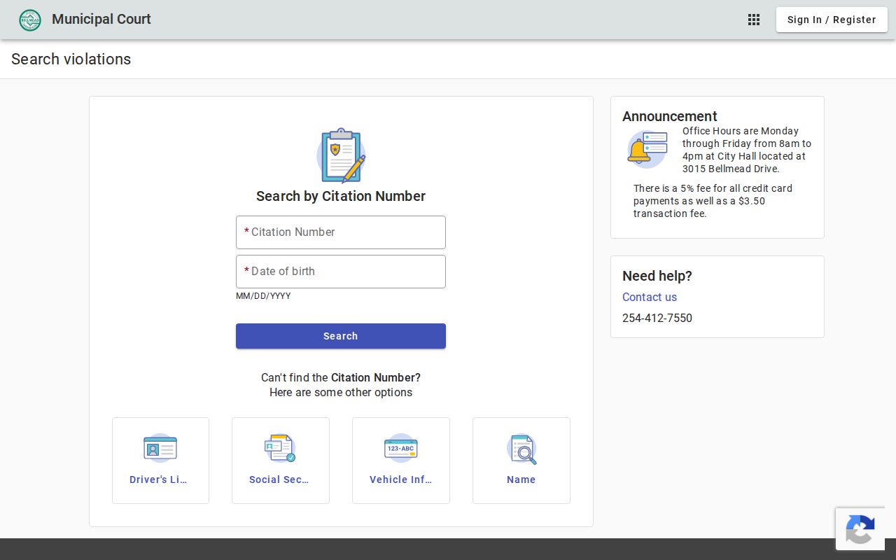 Bellmead warrant search, empty citation and name field form