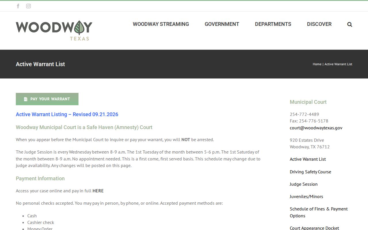 Woodway warrant records, dated active-list heading and Safe Haven instructions