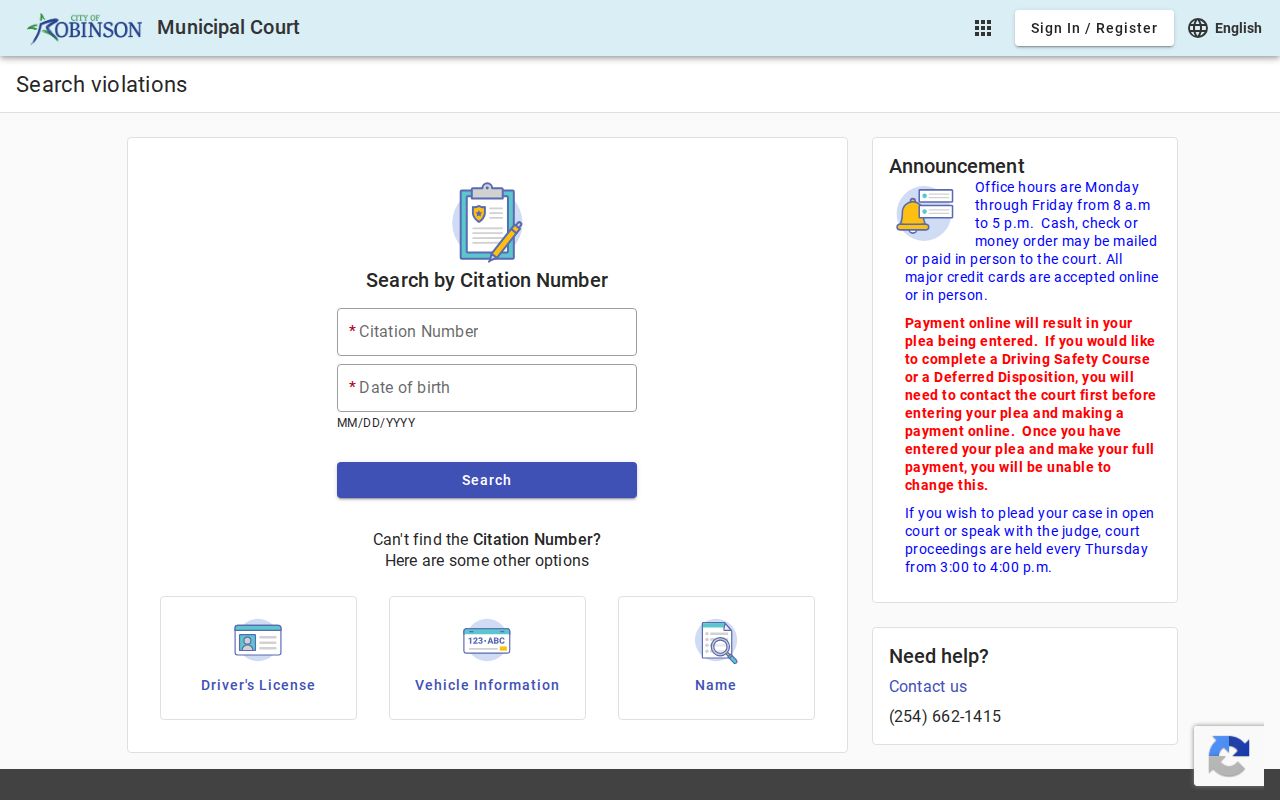Robinson warrant search page, empty Tyler form field labels