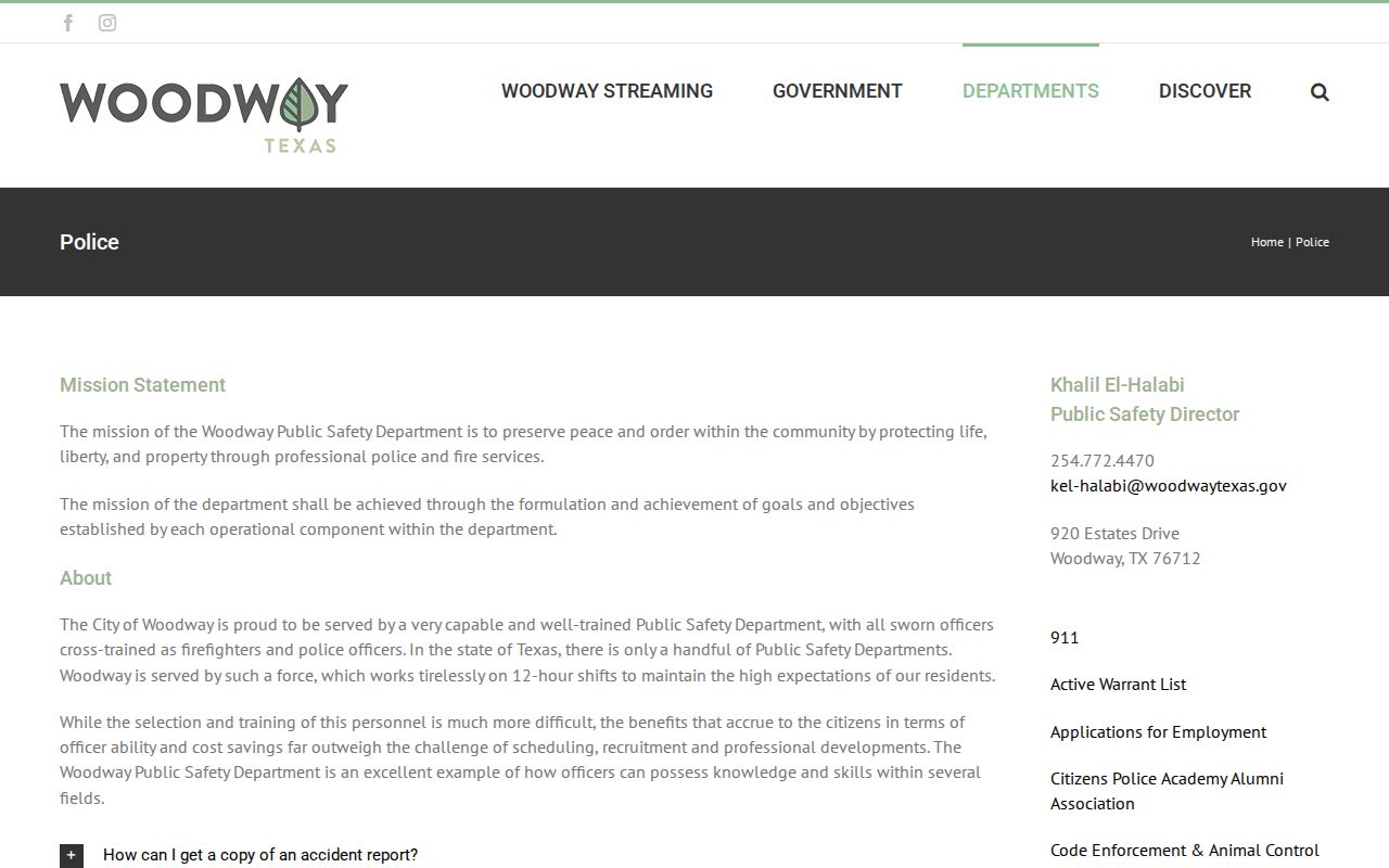 Woodway warrant records guide, Public Safety Department contact page