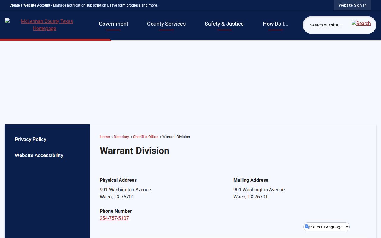 McLennan County warrant records, Sheriff Warrant Division contact listing